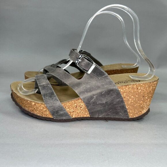 Bio Gold Sandals Women's 8 Gray Wedge Cork Leather Bohemian Comfort Strappy - Picture 4 of 8